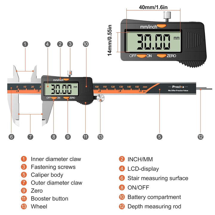 Digital Messschieber, 150mm / 6-Zoll Digitale Schieblehre mit grossem LCD-Display für Aussen-, Innen