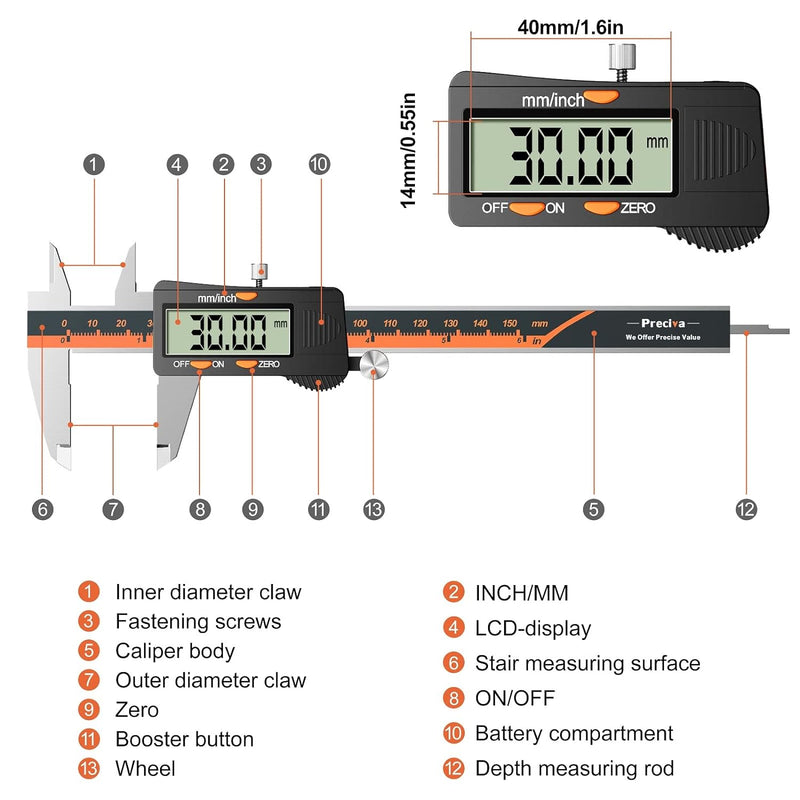 Digital Messschieber, 150mm / 6-Zoll Digitale Schieblehre mit grossem LCD-Display für Aussen-, Innen