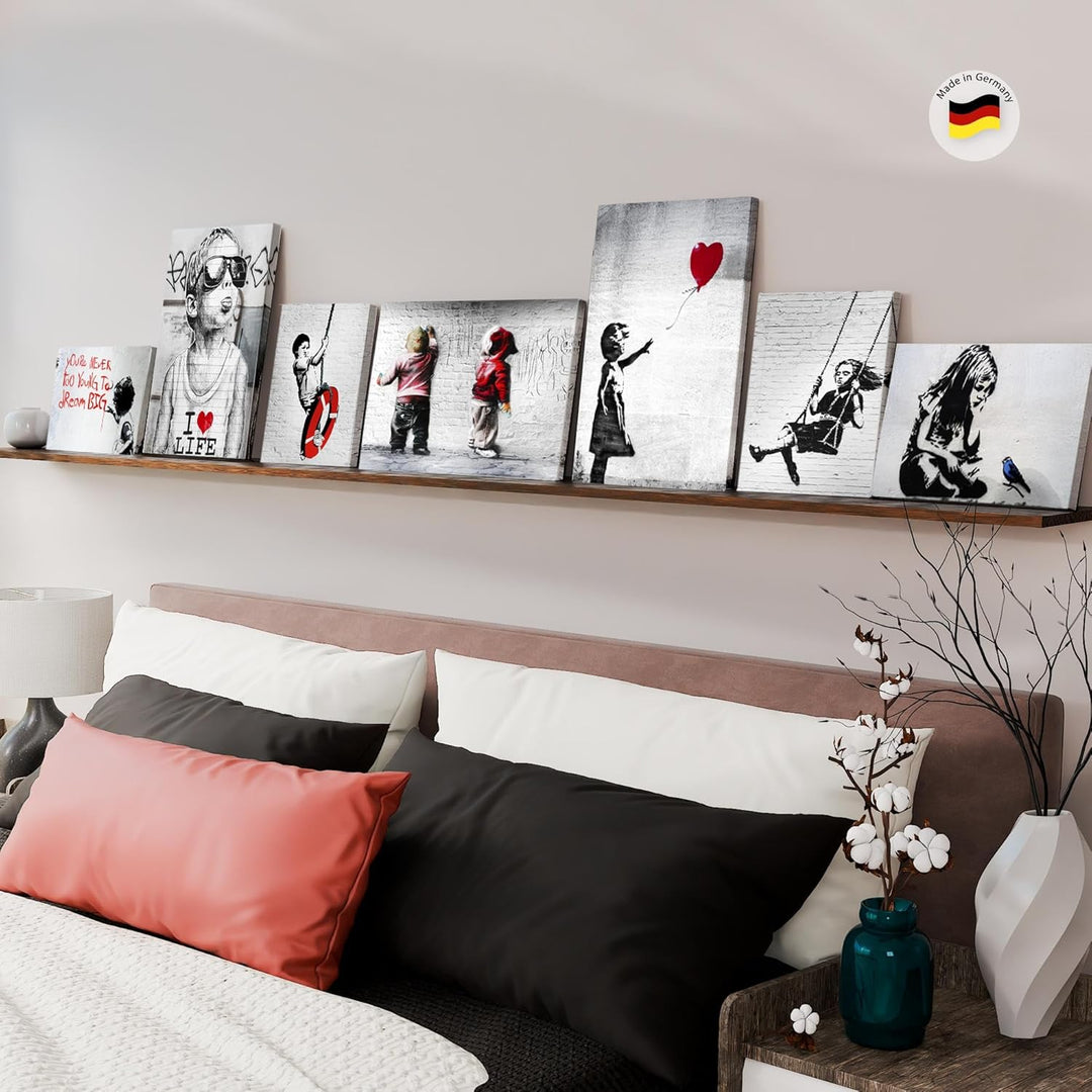 Novart Wandbilder Banksy Collage - KOMPLETT AUFHÄNGFERTIG - Street Art Grau Wohnzimmer Büro Loft - 7
