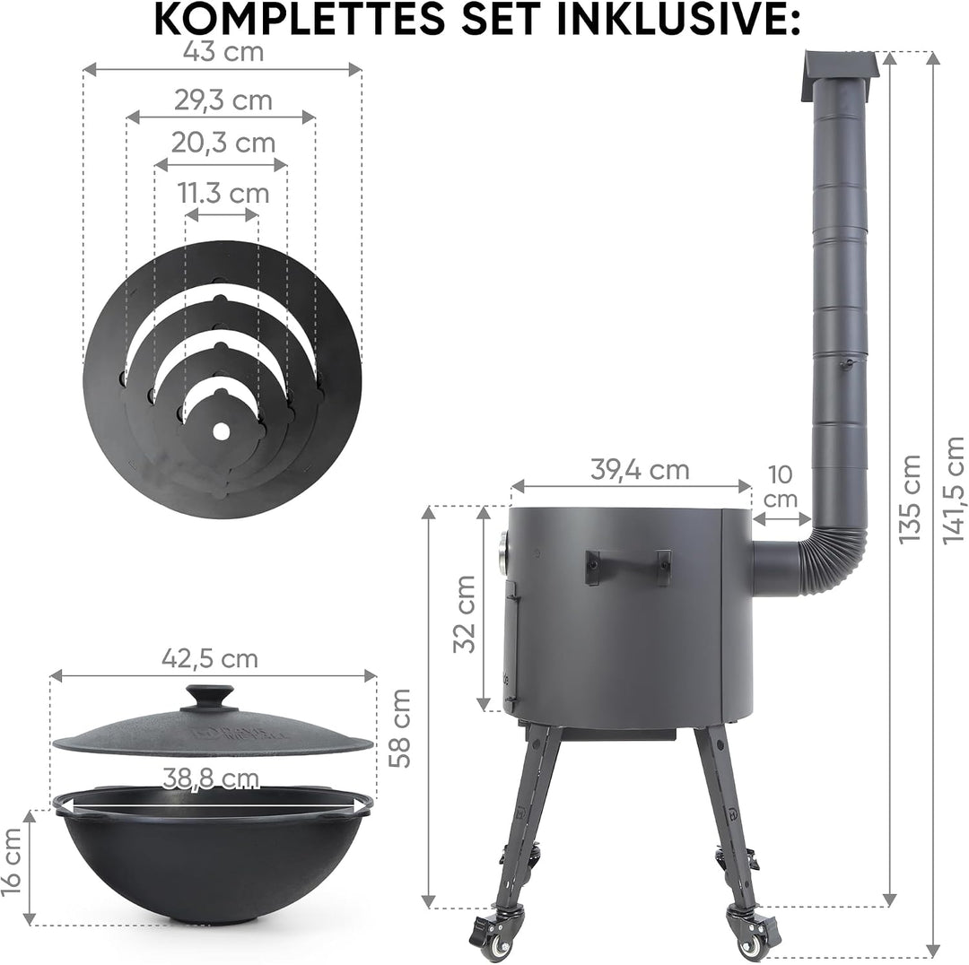 ZARENHOF Utschak Feuerofen Ø 40 cm + Gusseisen-Kasan 12 L | Boden flach | Gulaschkessel mit Kasanofe