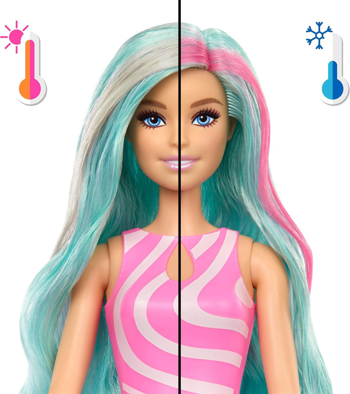 Barbie Pop Reveal-Puppe und Zubehör, Slushy mit Ozeanmotiven, Modepuppe und Haustier mit 8 Überrasch