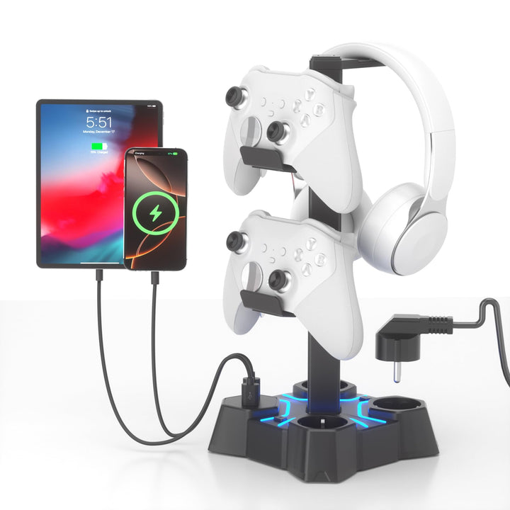 KDD Headset Halterung Led mit USB Ladestation, Controller Halterung & Kopfhörer Ständer Tisch mit 2