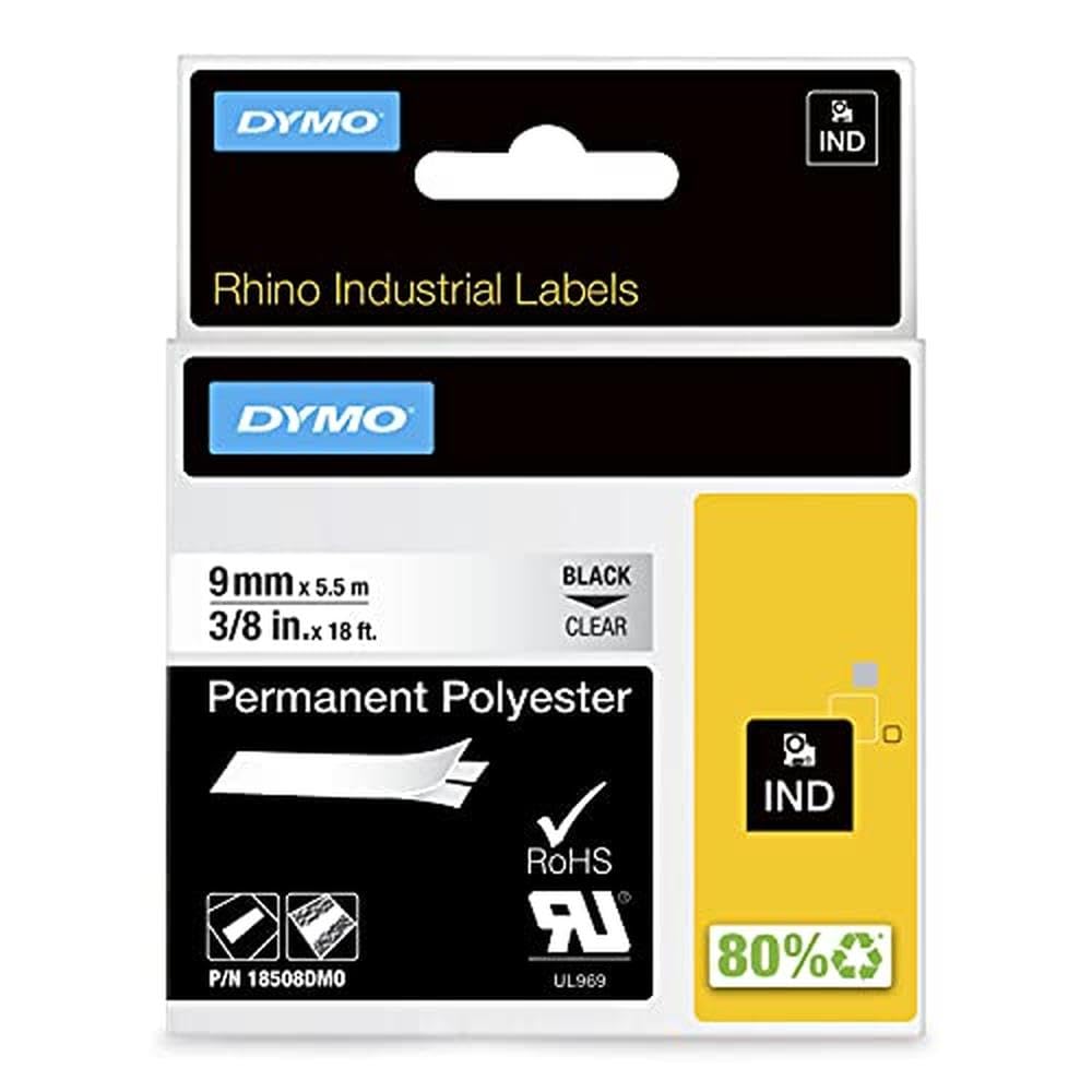 Dymo Rhino Band Industrie Polyesteretiketten, 9 mm x 5.5 m, schwarz/transparent schwarz auf transpar