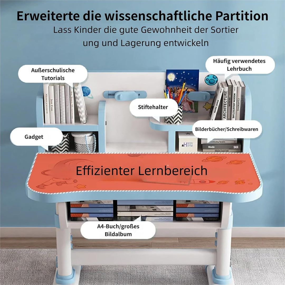 Kinderschreibtisch Set mit Bücherständer, Schüler-Schreibtisch und Stuhl, Kinderschule, Studiertisch