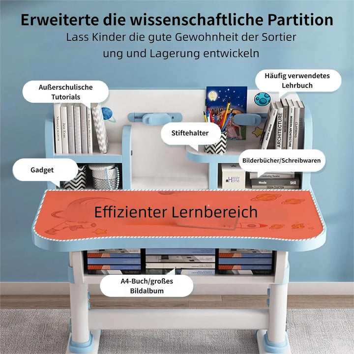 Kinderschreibtisch Set mit Bücherständer, Schüler-Schreibtisch und Stuhl, Kinderschule, Studiertisch