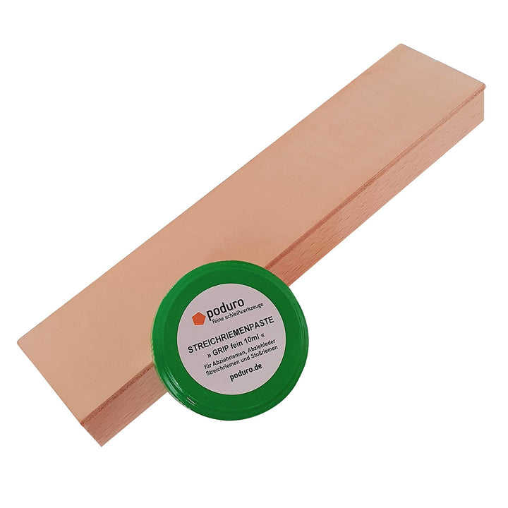 Streichriemen-Set » PODURO MINI KOMBI « Abziehleder auf Holz & Streichriemenpaste & Baumwollbeutel
