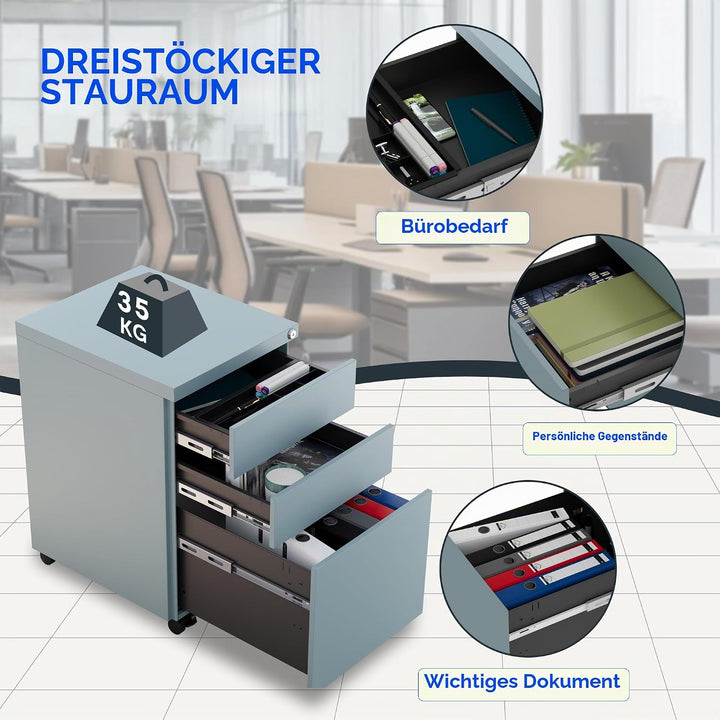 FLEXISPOT Rollcontainer Kleiner Schrank mit 3 Schubladen, mobiler Aktenschrank mit Rollen, abschlies