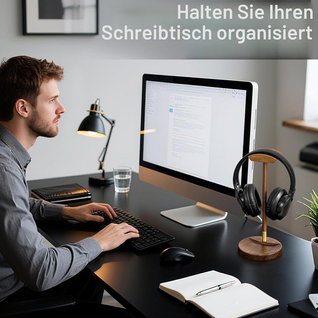 Headphone Stand für Schreibtisch, massiver Holz Gaming-Headset-Ständer, Holz-Headphone-Halter mit St