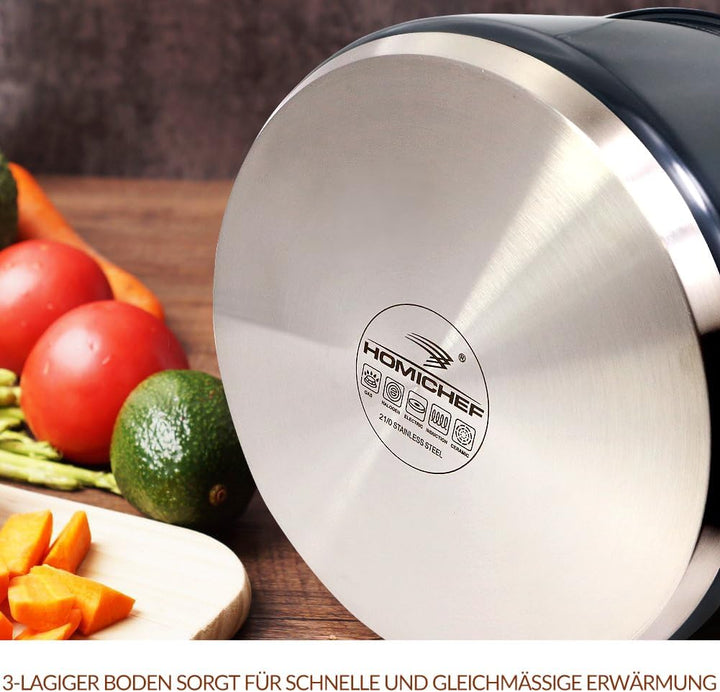 HOMICHEF Marinegrau, nickelfreier Suppentopf aus Edelstahl, 6,6 L, mit Glasdeckel (ungiftige Antihaf