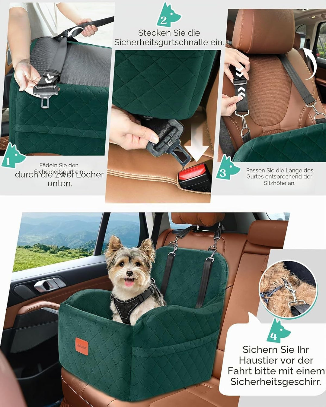 Hunde-Autositz für kleine/mittelgrosse Hunde, tragbarer Welpensitz mit erhöhtem Kissen, vollständig