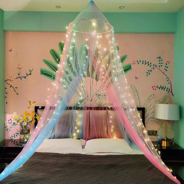Zweifarbiger Betthimmel Moskitonetz rosa blau mit warmen Lichtern, Betthimmel für Mädchen Zimmerdeko