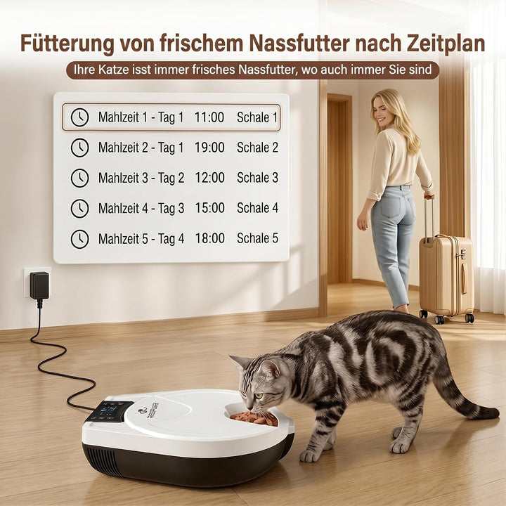 Futterautomat Katze Nassfutter mit Halbleiter-Kühlung & Heizung, 3 Tage Frisch Nassfutterautomat für