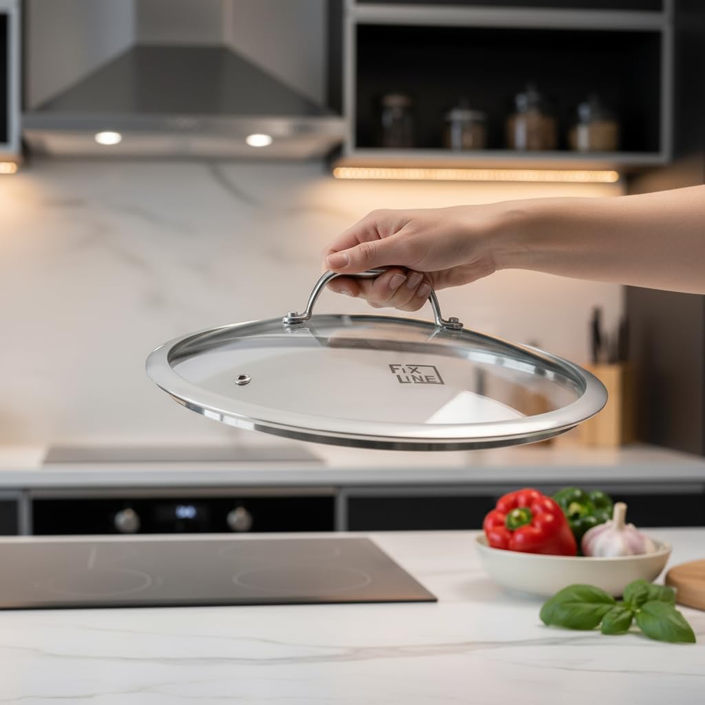 FIXLINE® Glasdeckel 28cm – Universal Topfdeckel aus gehärtetem Glas mit Dampfauslass & Edelstahlrand