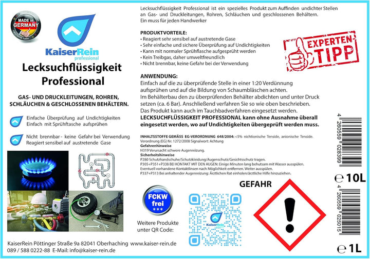 KaiserRein Professionelles Lecksuchspray 10 L Konzentrat = 200 L Leck Such Spray inkl. Sprayflasche