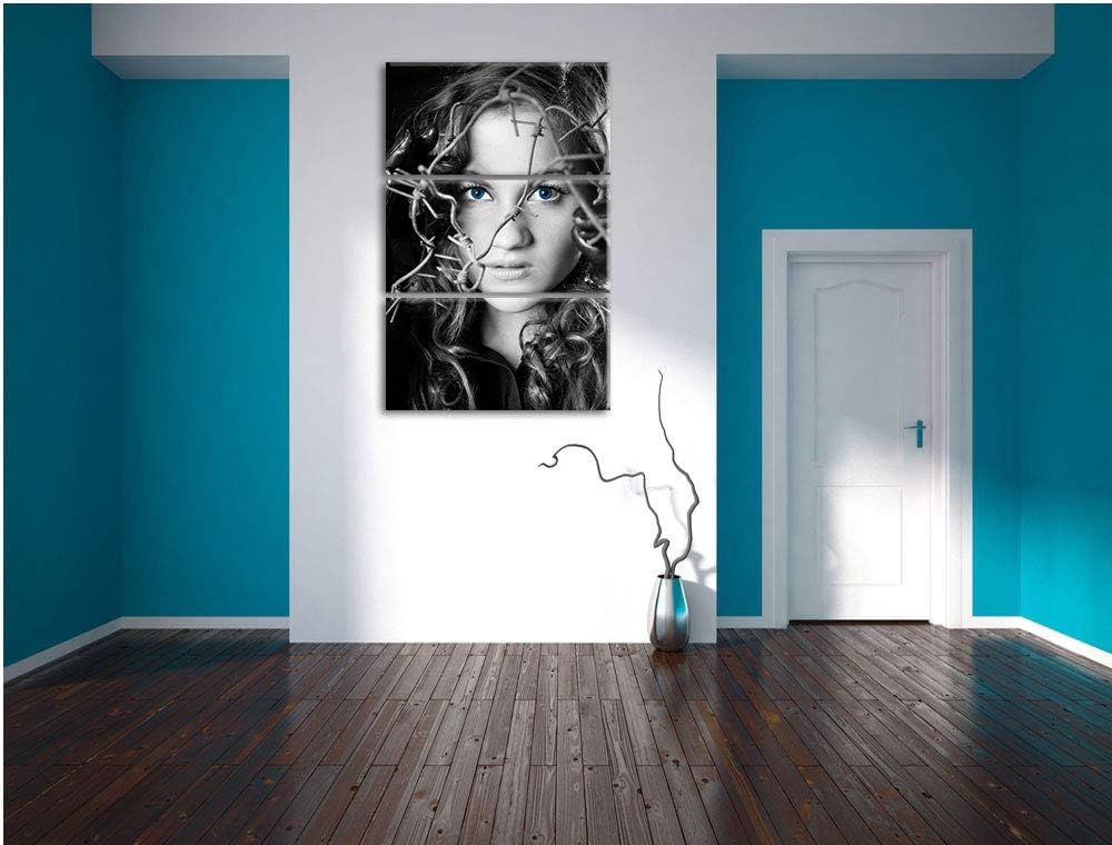 Sexy Girl mit ozeanblauen Augen vor Stacheldraht schwarz/weiss 3-Teiler Leinwandbild 120x80 Bild auf