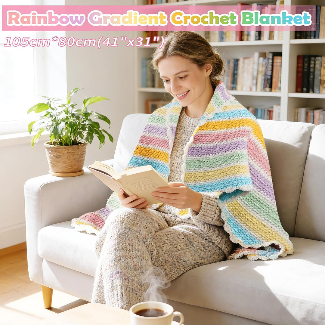 Alvian Häkelset für Anfänger, Regenbogen-Decke, Häkeln, DIY-Strick-Starter-Set, enthält Garn, Metall
