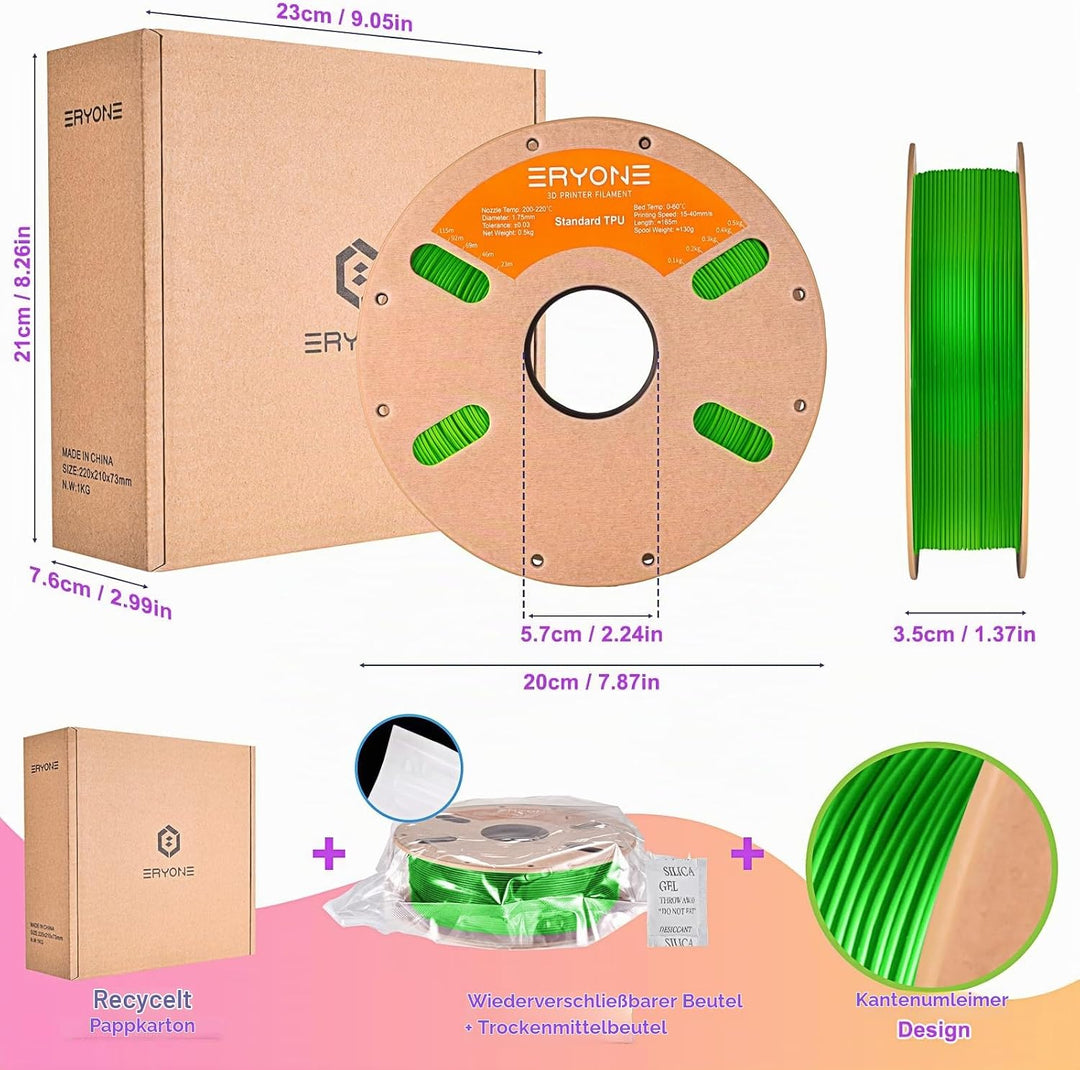 ERYONE TPU Filament 1.75mm, 3D Drucker Filament,Flexible TPU Weiches Filament, TPU 95A, Massgenauigk