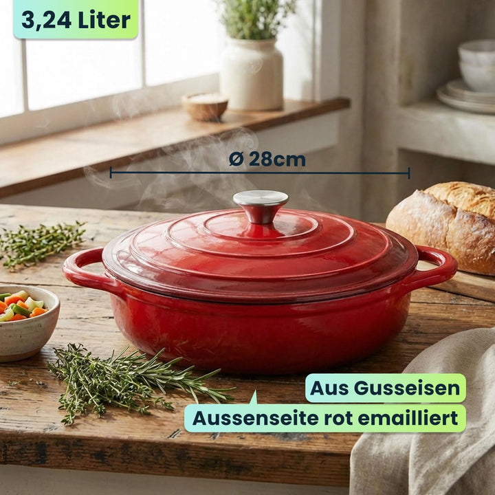 Gusseisen Topf mit Deckel 28cm Rund, Emaillierter Schmortopf 3,24L Rot, Bräter für alle Herdarten wi