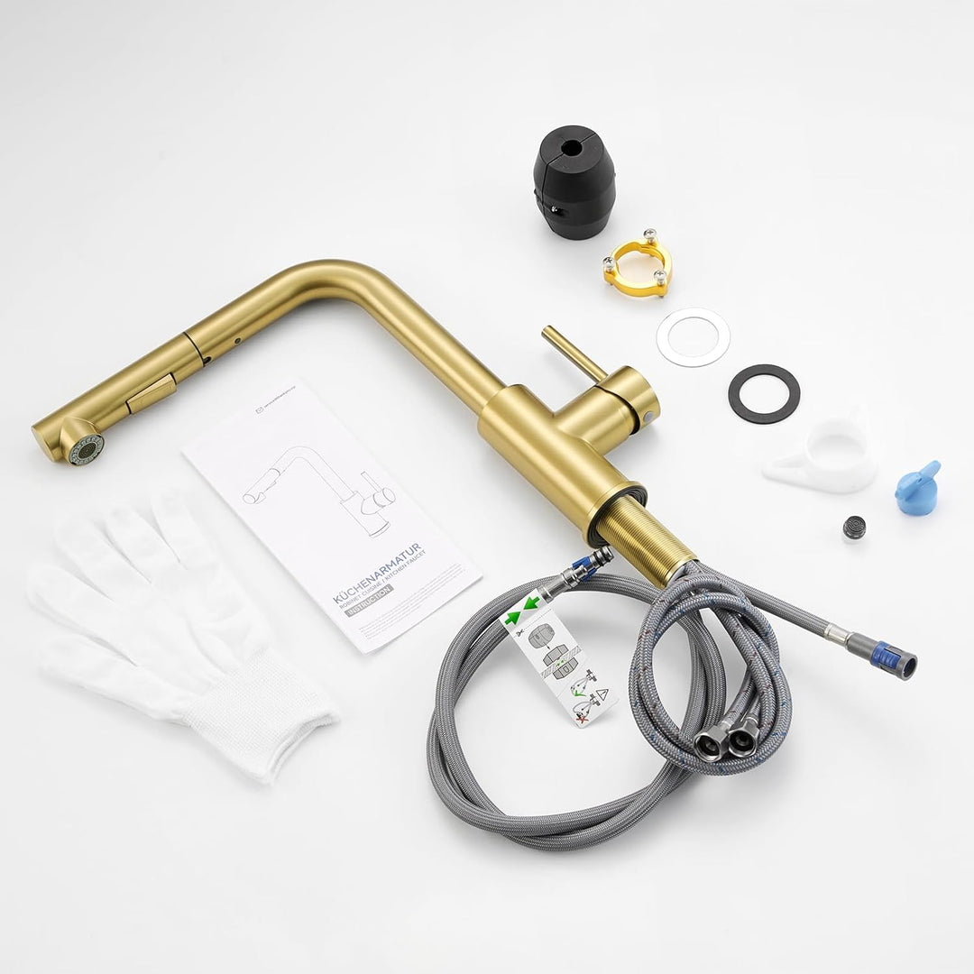 CECIPA Wasserhahn Küche Gold, Ausziehbare Küchenarmatur, Armatur Küche mit Sprühkopf und zwei Sprühm