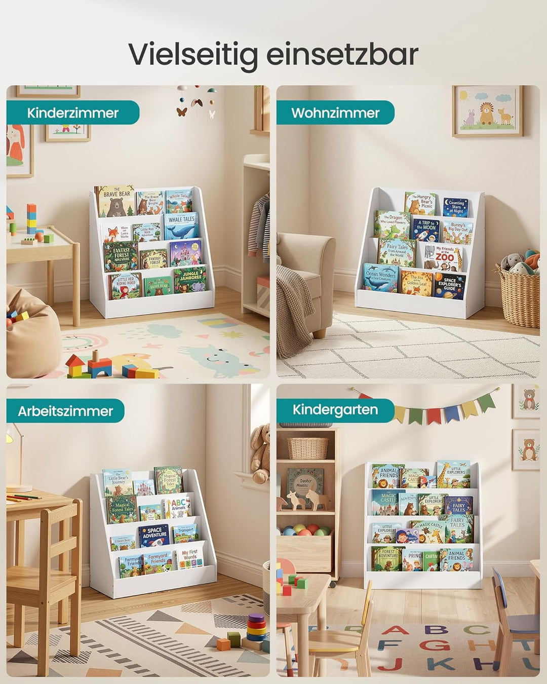 SONGMICS Bücherregal Kinder, Kinderregal, Montessori Regal mit 4 Ebenen, für Bilderbücher, Kinderzim
