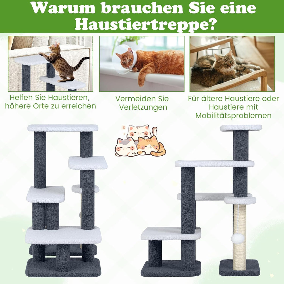 GYMAX 5 Stufen Katzentreppe, stabile Tiertreppe mit Sisal-Kratzstamm, Spielball & Plüschsitzfläche,