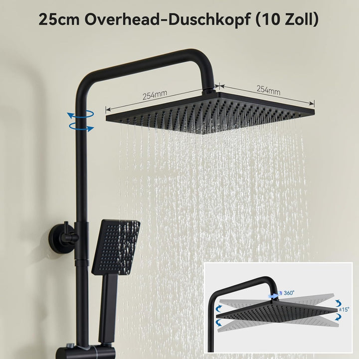 Auralum Duschsystem mit Verbrühschutz-Thermostat Armatur, Duscharmatur Komplettset Schwarz, 25x25cm
