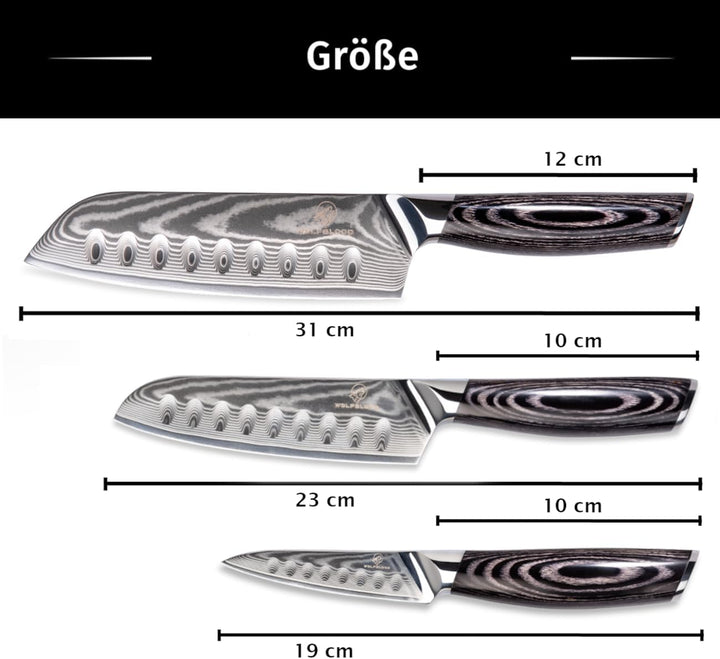 Wolfblood PRO 3er Santoku Damastmesser Set XL (31, 23 und 19cm) TÜV geprüfter 62 HRC Damaststahl aus