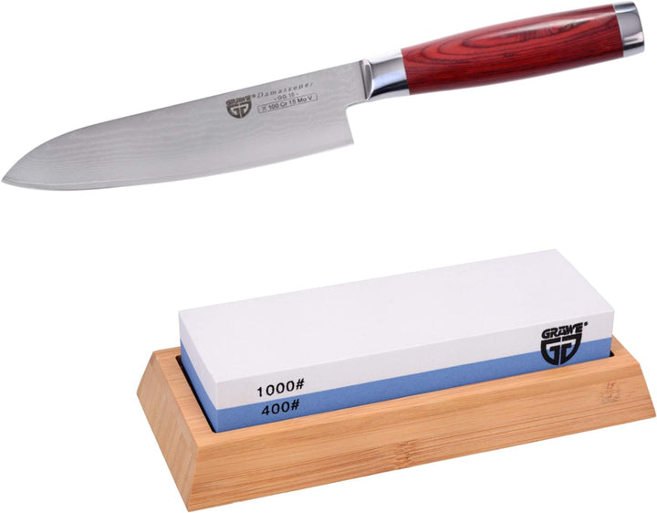 GRÄWE Damastmesser-Set - Damaszener Santokumesser 17 cm und Wetzstein 400/1000