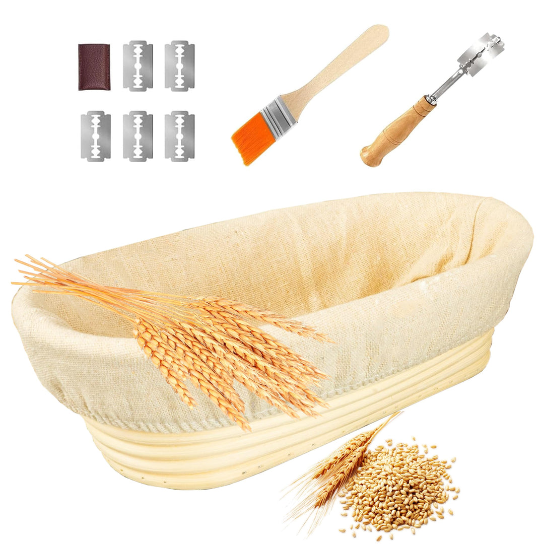 Gärkorb Oval 25cm, Banneton Set, Gärkörbchen Set 1kg Teig, Brot Backen Fasst für Brot, Bürste, Bread