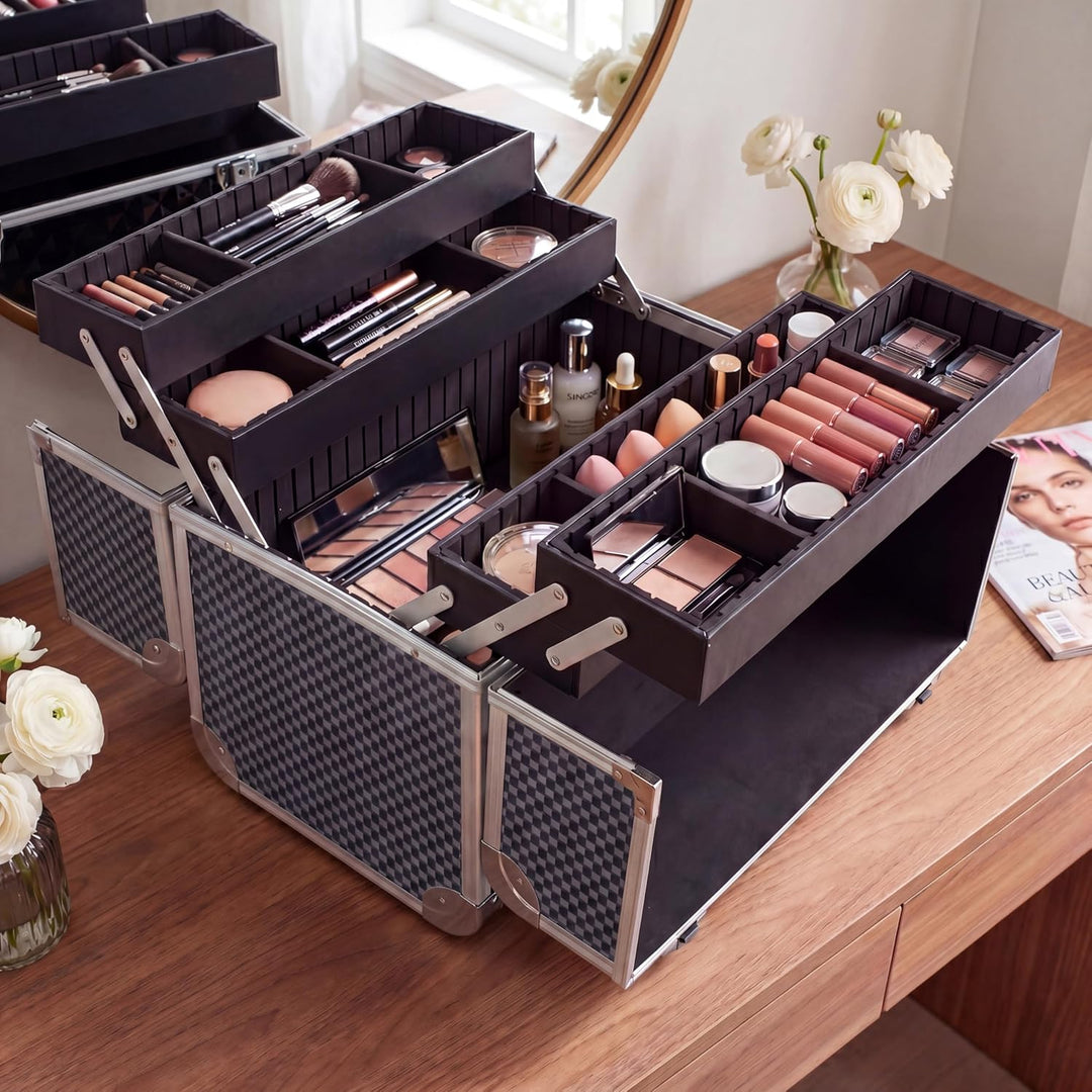 N&BF Kosmetikkoffer Gross Schwarz Carbon | Abschliessbarer Schminkkoffer & Beautycase aus Aluminium