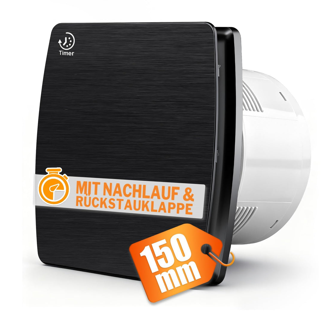 XIIW Badlüfter 150mm mit Nachlauf, 18W Leiser Abluftventilator Lüfter mit Rücklaufklappe, Effiziente
