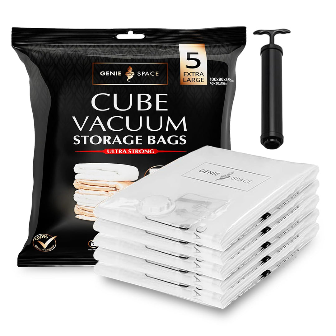 GENIE SPACE Vakuumbeutel - 5er Pack, Extra Gross, 100x80x38cm | Platzsparende Packwürfel | Luftdicht