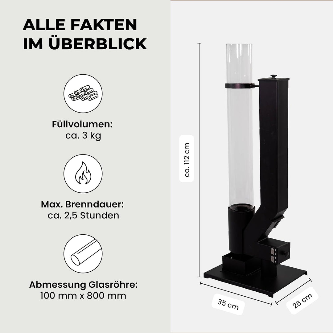 Lemodo Pelletfackel CORE, Feuersäule Outdoor mit Glasröhre, für Garten &amp; Terrasse, für Holzpellets,