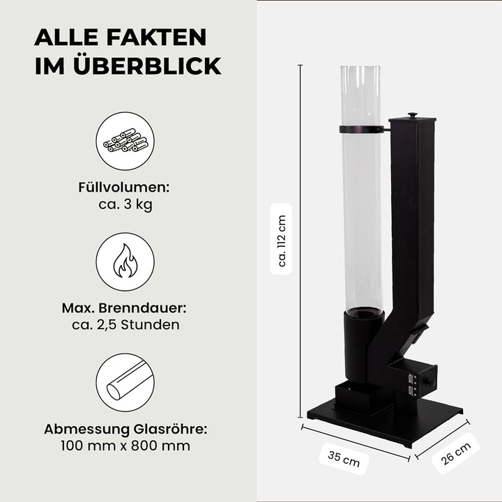 Lemodo Pelletfackel CORE, Feuersäule Outdoor mit Glasröhre, für Garten &amp; Terrasse, für Holzpellets,