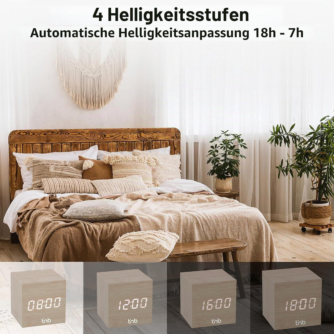 T'NB - Moderner digitaler Wecker aus Holz, multifunktionaler LED-Wecker, digitale Uhr mit Zeitanzeig