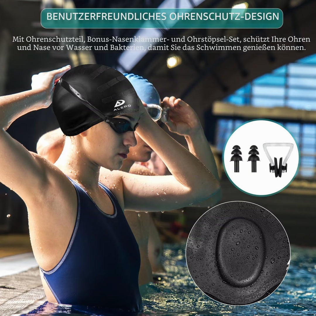 Alepo 2 Pack Unisex Badekappen Damen Herren mit 3D-Ohrenschutz, Schwimmkappe Langlebige Flexible Sil