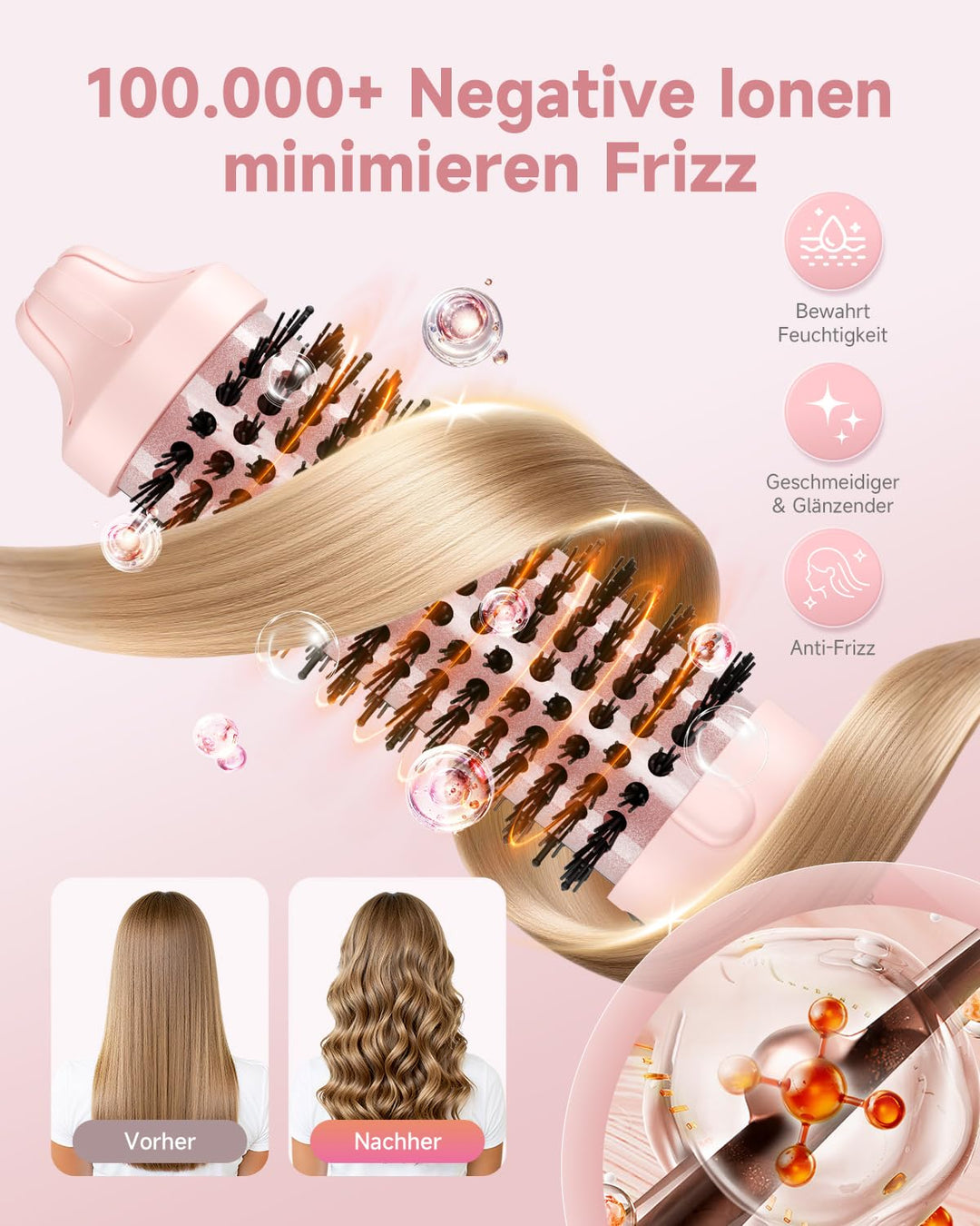 Thermobürste FLYZEMAA, Thermal Brush 38mm - Runder Heizkamm für natürliche Locken und glatteres Haar
