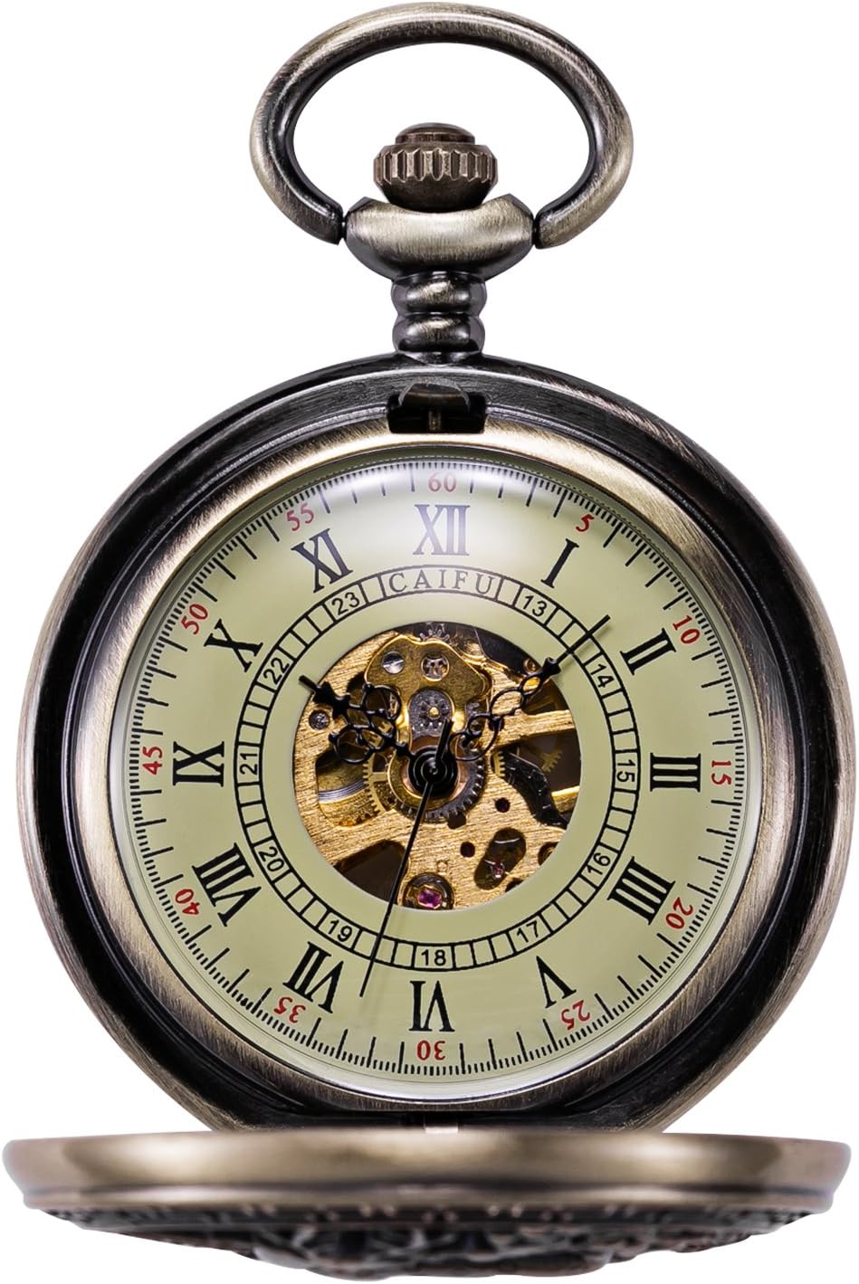Treeweto Vintage Taschenuhr, mechanisch, doppelter Abdeckung, hohles Gehäuse, Skelett, Steampunk, Hi