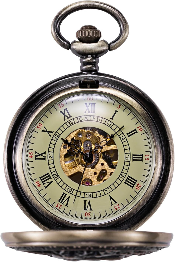 Treeweto Vintage Taschenuhr, mechanisch, doppelter Abdeckung, hohles Gehäuse, Skelett, Steampunk, Hi