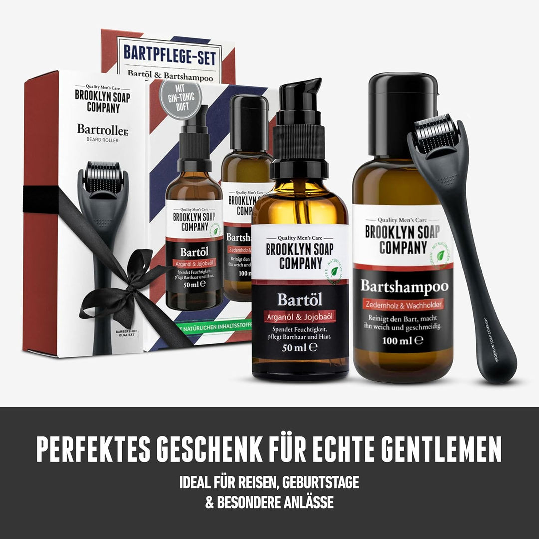 Brooklyn Soap Company Bartpflege Set für Männer - Mit Bartroller, Bartöl & Bartshampoo - Geschenk fü