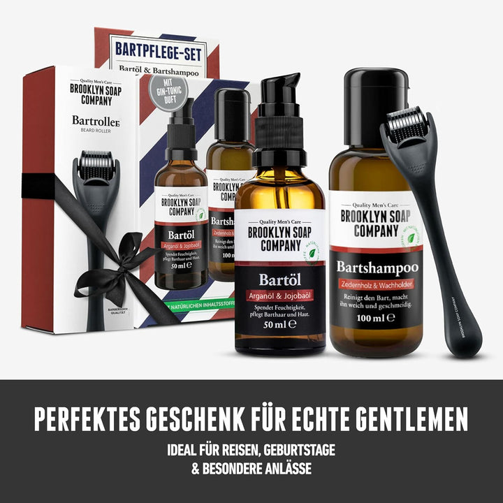 Brooklyn Soap Company Bartpflege Set für Männer - Mit Bartroller, Bartöl & Bartshampoo - Geschenk fü