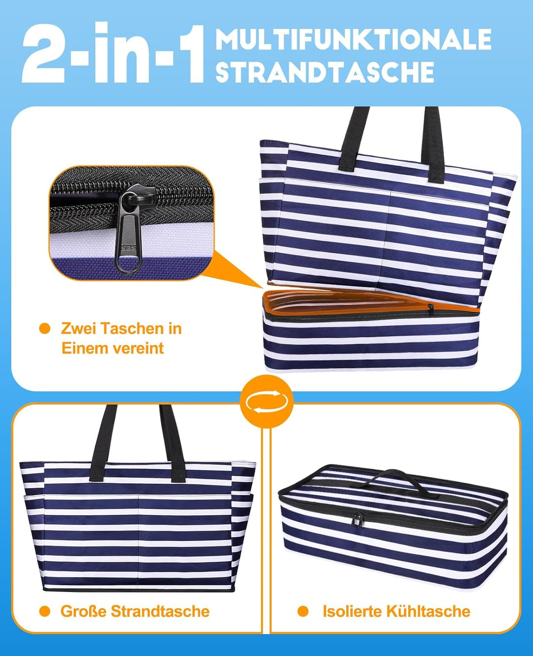 ISEYOU Strandtasche XXL Familie mit Kühltasche, Gross Strandtasche mit Reissverschluss Wasserdicht S