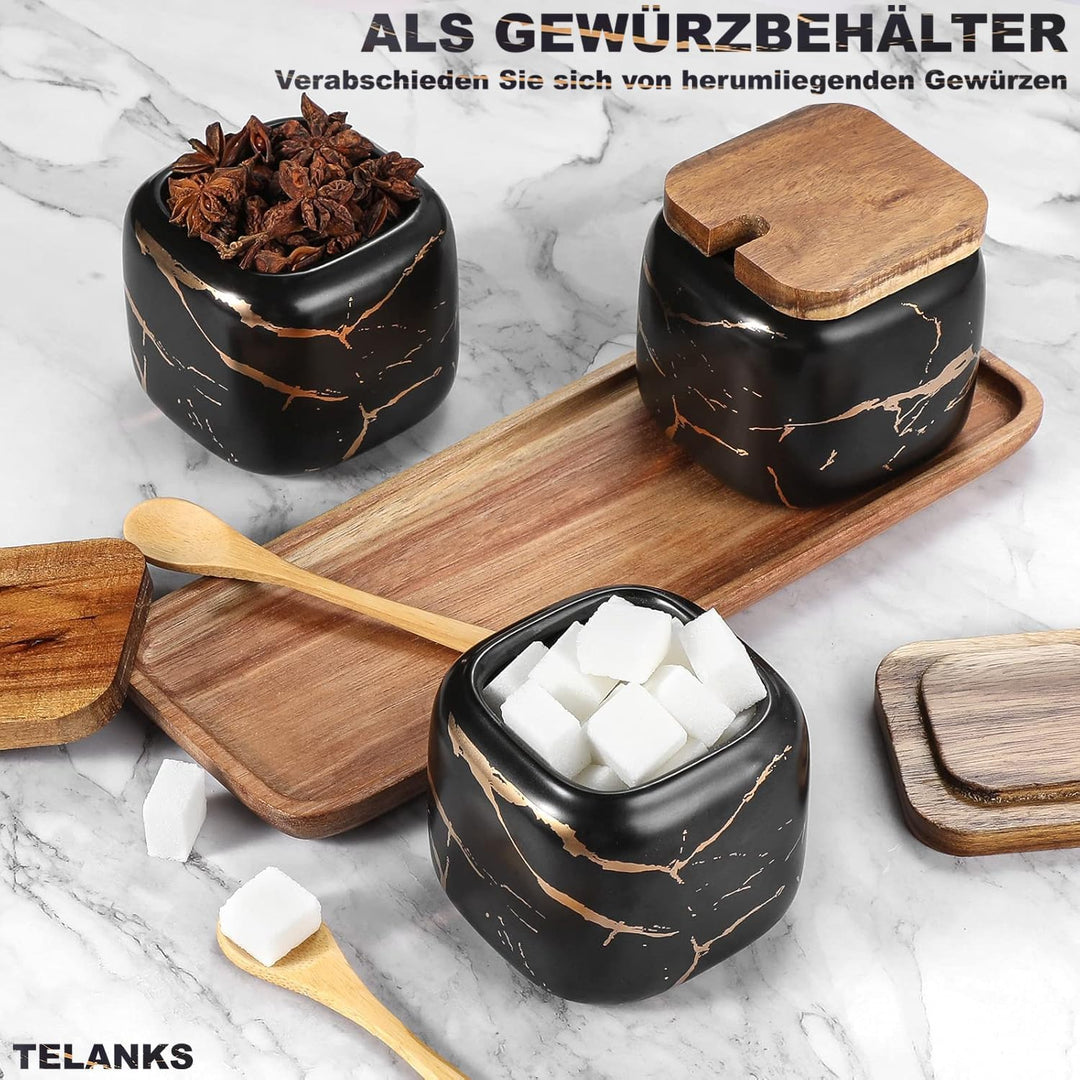 TELANKS Gewürzgläser Set, 3 Stk Keramik Zuckerdose mit Deckel und Löffel für Haus und Küche, Alterna