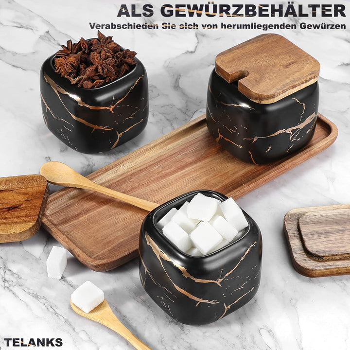 TELANKS Gewürzgläser Set, 3 Stk Keramik Zuckerdose mit Deckel und Löffel für Haus und Küche, Alterna