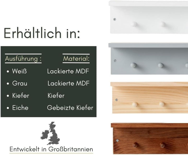 Haus Projekt Wandregal Weiss mit 7 Haken, Leicht Montieren Moderne Kinder Wandgarderobe Holz, Garder
