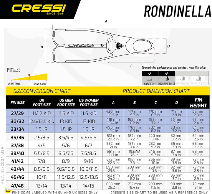 Cressi Rondinella Full Foot Snorkeling/Free Diving Fins (Made in Italy) 35/36 Gelb, 35/36 Gelb