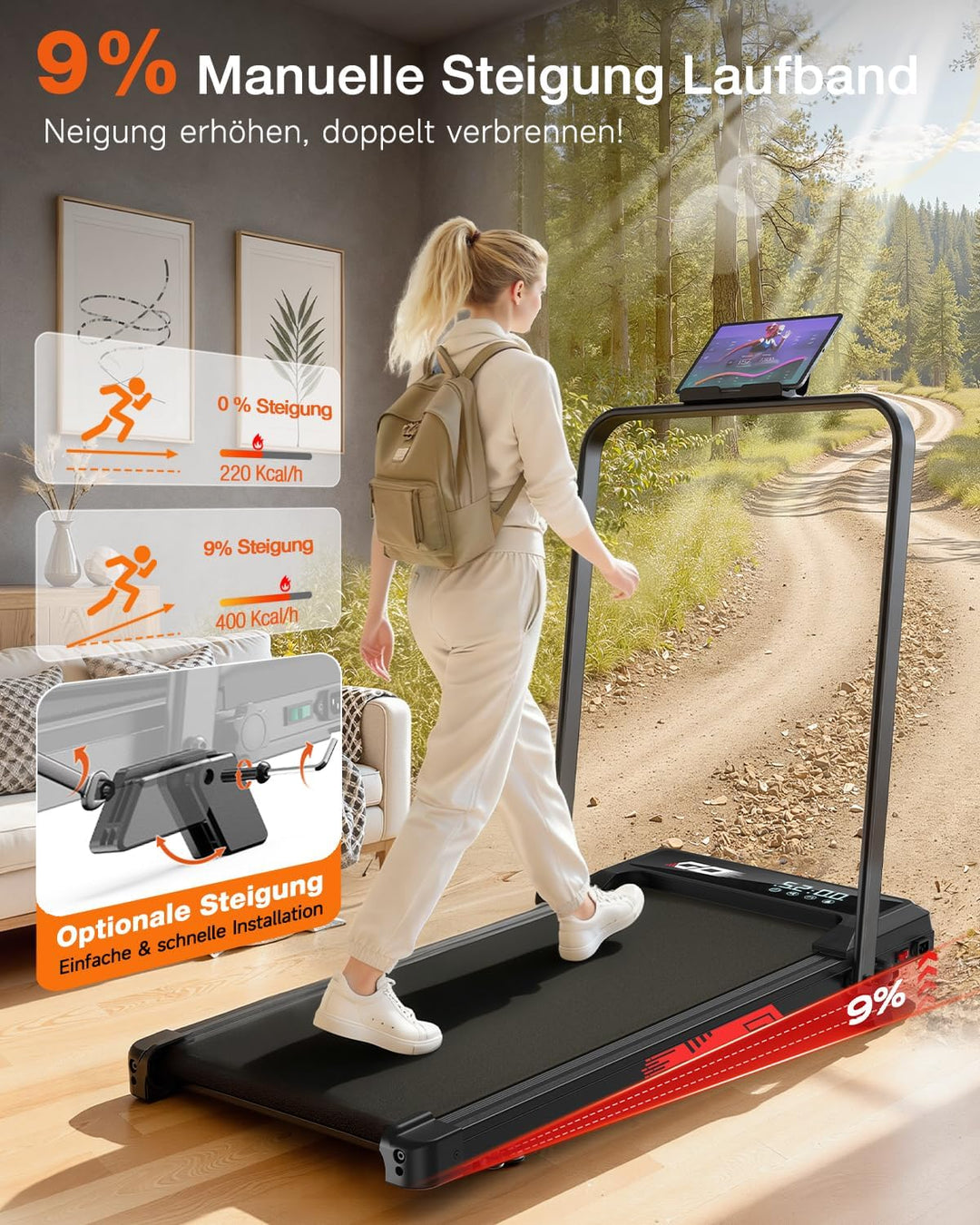 Walking Pad Laufband Klappbar 9%, 1-10 km/h, Brushless Motor | Zuhause und Büro,