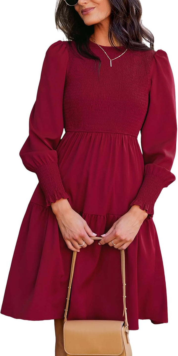 CUPSHE Damen Kleid Rundhals Langarm Rüschensaum A Linien Gesmoktes Minikleid Freizeitkleider Party S