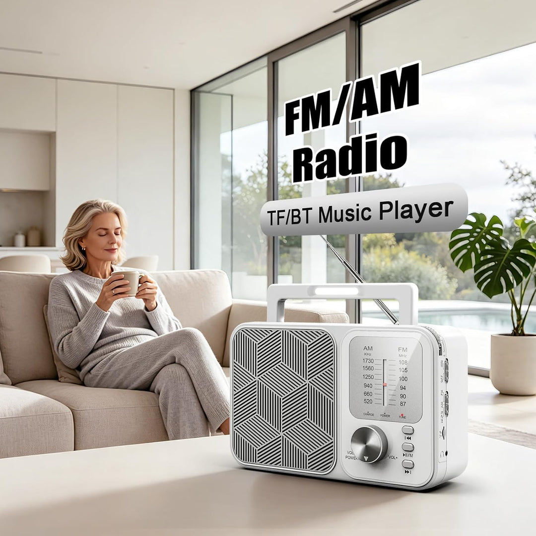 Tragbares Radio AM/FM/UKW Kofferradio Netz und Batteriebetrieb, Weiss