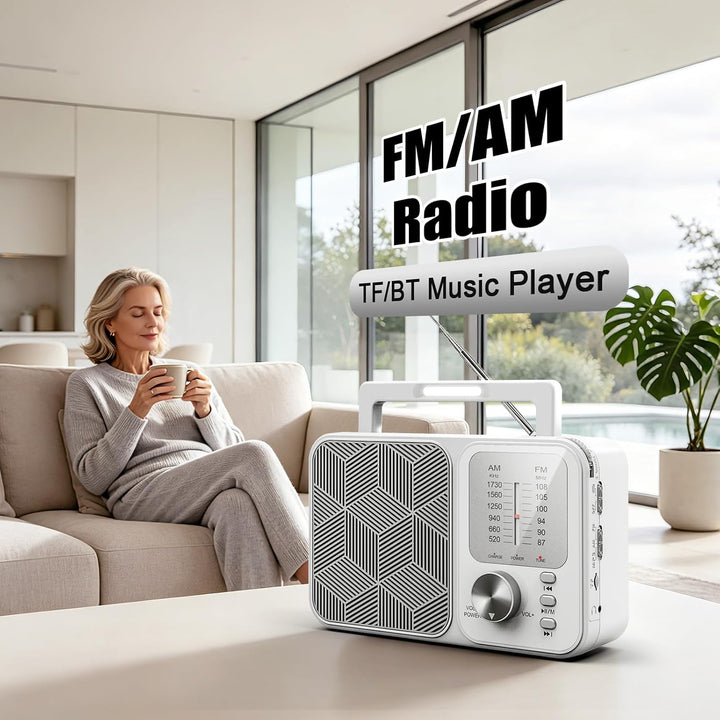 Tragbares Radio AM/FM/UKW Kofferradio Netz und Batteriebetrieb, Weiss